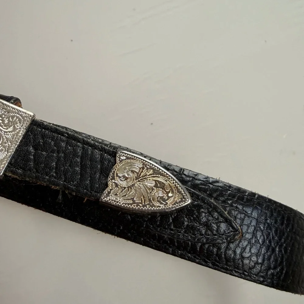 Vintage Fisher Western Style Silver-Toned Buckle Black Leather Belt